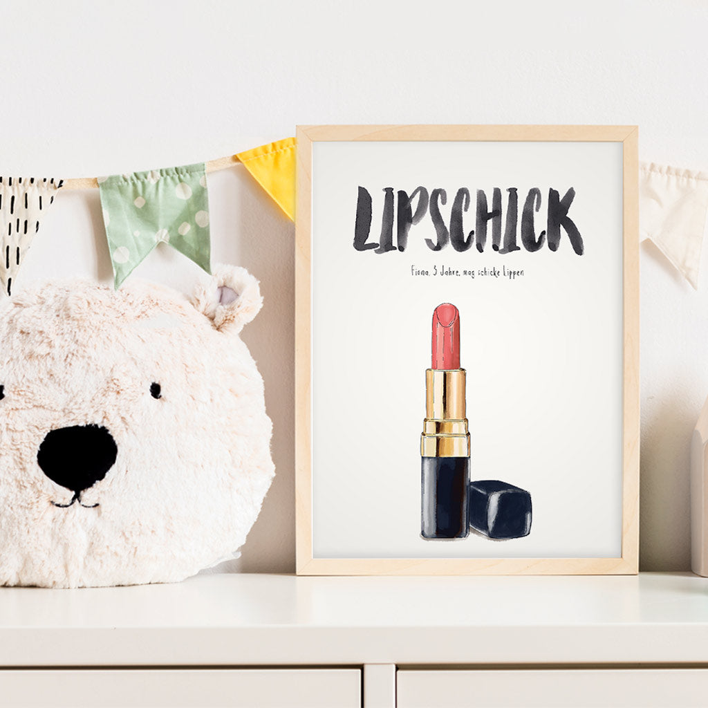 Kindermundposter Lippenstift im Kinderzimmer – personalisiertes Poster als Dekoration und Geschenk
