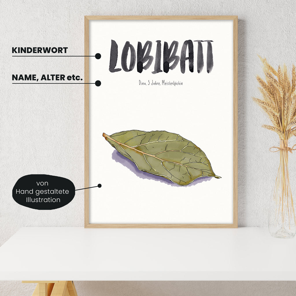Detailansicht Kindermundposter Lorbeerblatt: Erklärungen der personalisierbaren Elemente - einzigartiges Erinnerungsstück für Eltern