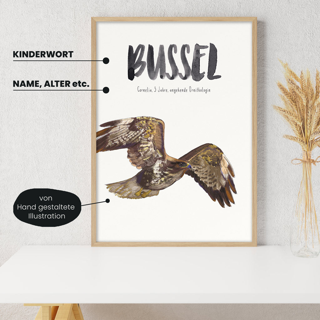 Detailansicht Kindermundposter Mäusebussard: Erklärungen der personalisierbaren Elemente - einzigartiges Erinnerungsstück für Eltern