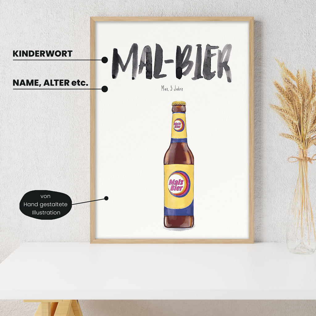 Detailansicht Kindermundposter Malzbier mit Erklärungen der personalisierbaren Elemente - einzigartiges Erinnerungsstück für Eltern