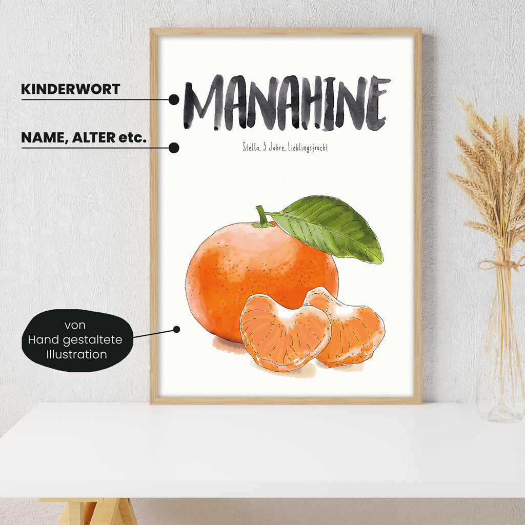 Detailansicht Kindermundposter Mandarine: Erklärungen der personalisierbaren Elemente - einzigartiges Erinnerungsstück für Eltern