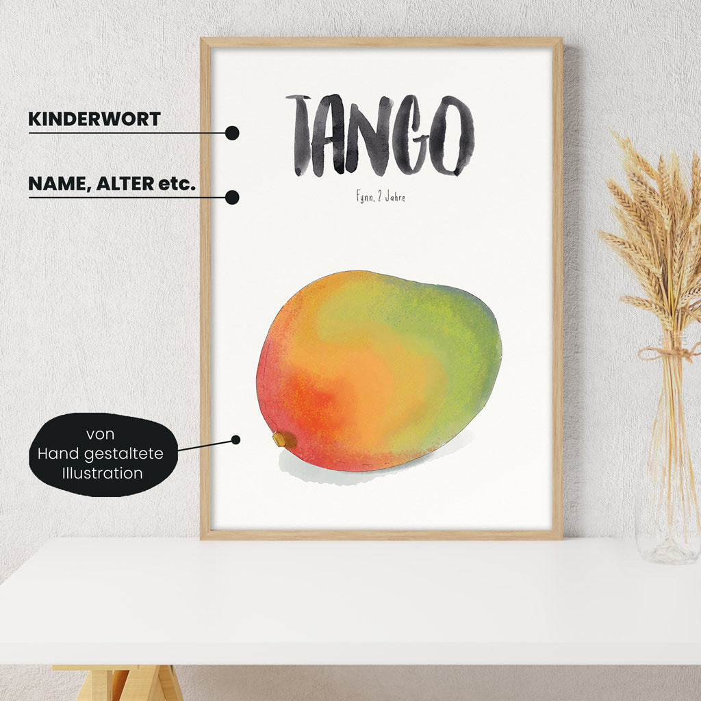 Detailansicht Kindermundposter Mango: Erklärungen der personalisierbaren Elemente - einzigartiges Erinnerungsstück für Eltern