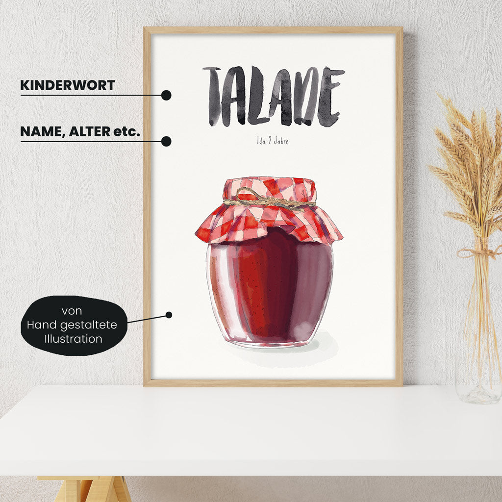 Detailansicht Kindermundposter Marmelade mit Erklärungen der personalisierbaren Elemente - einzigartiges Erinnerungsstück für Eltern