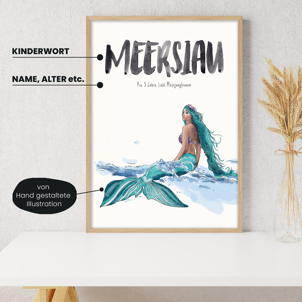 Detailansicht Kindermundposter Meerjungfrau: Erklärungen der personalisierbaren Elemente - einzigartiges Erinnerungsstück für Eltern