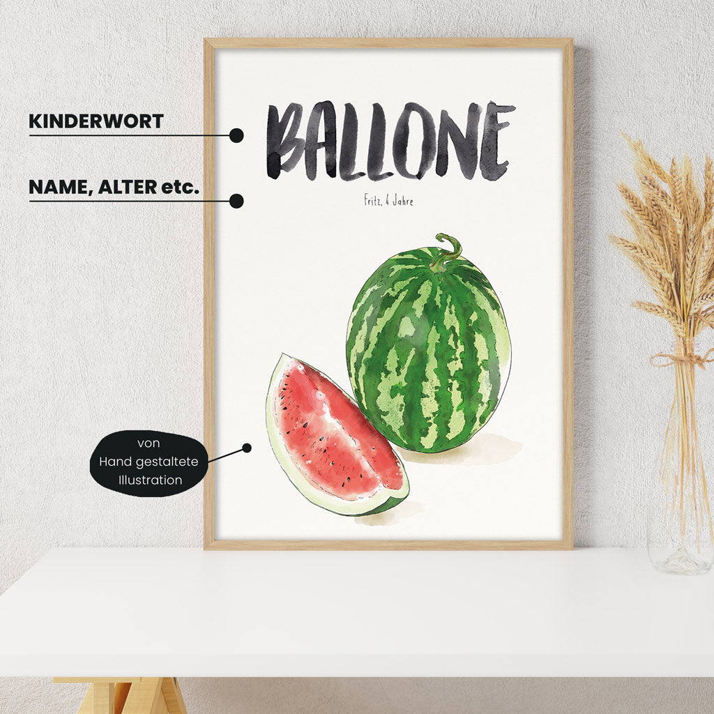 Detailansicht Kindermundposter Wassermelone mit Erklärungen der personalisierbaren Elemente - einzigartiges Erinnerungsstück für Eltern