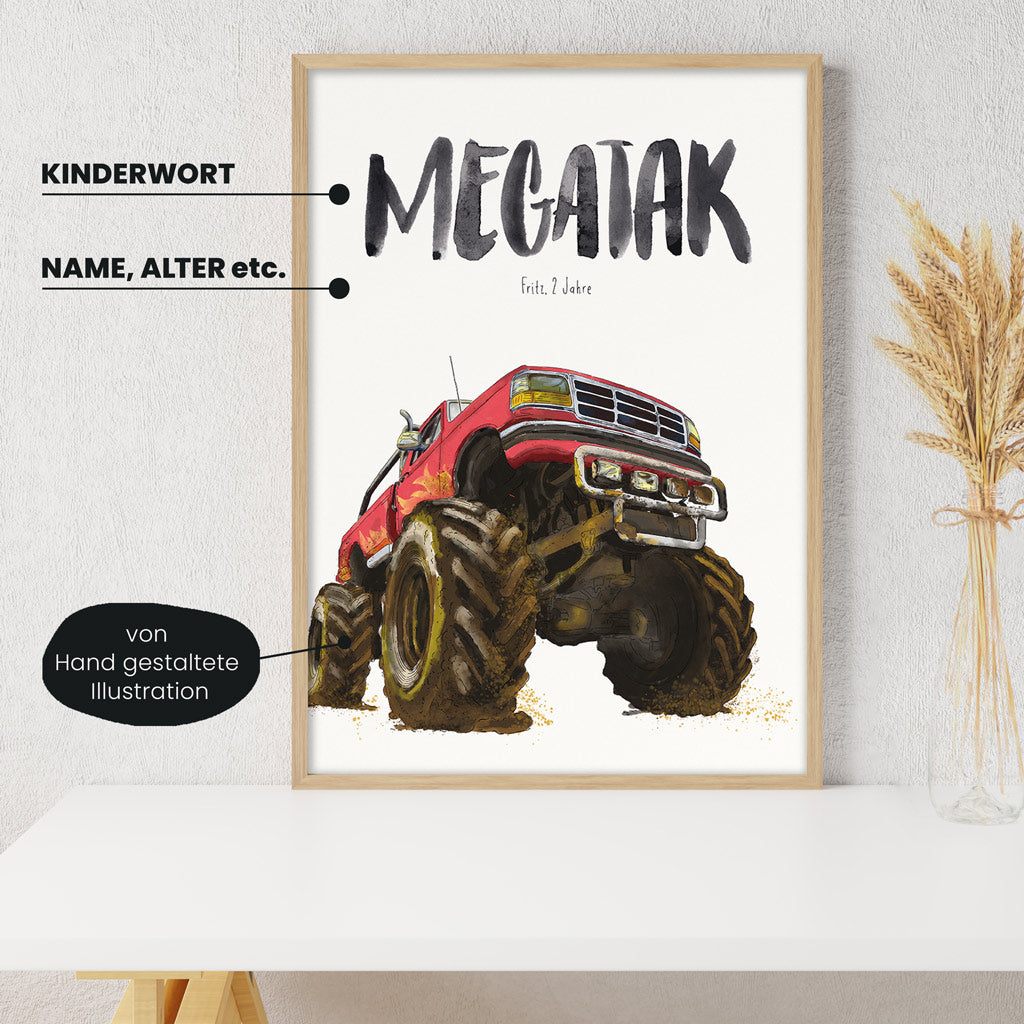 Detailansicht Kindermundposter Monstertruck: Erklärungen der personalisierbaren Elemente - einzigartiges Erinnerungsstück für Eltern