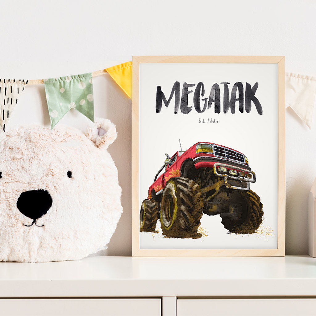 Kindermundposter Monstertruck im Kinderzimmer – personalisiertes Poster als Dekoration und Geschenk