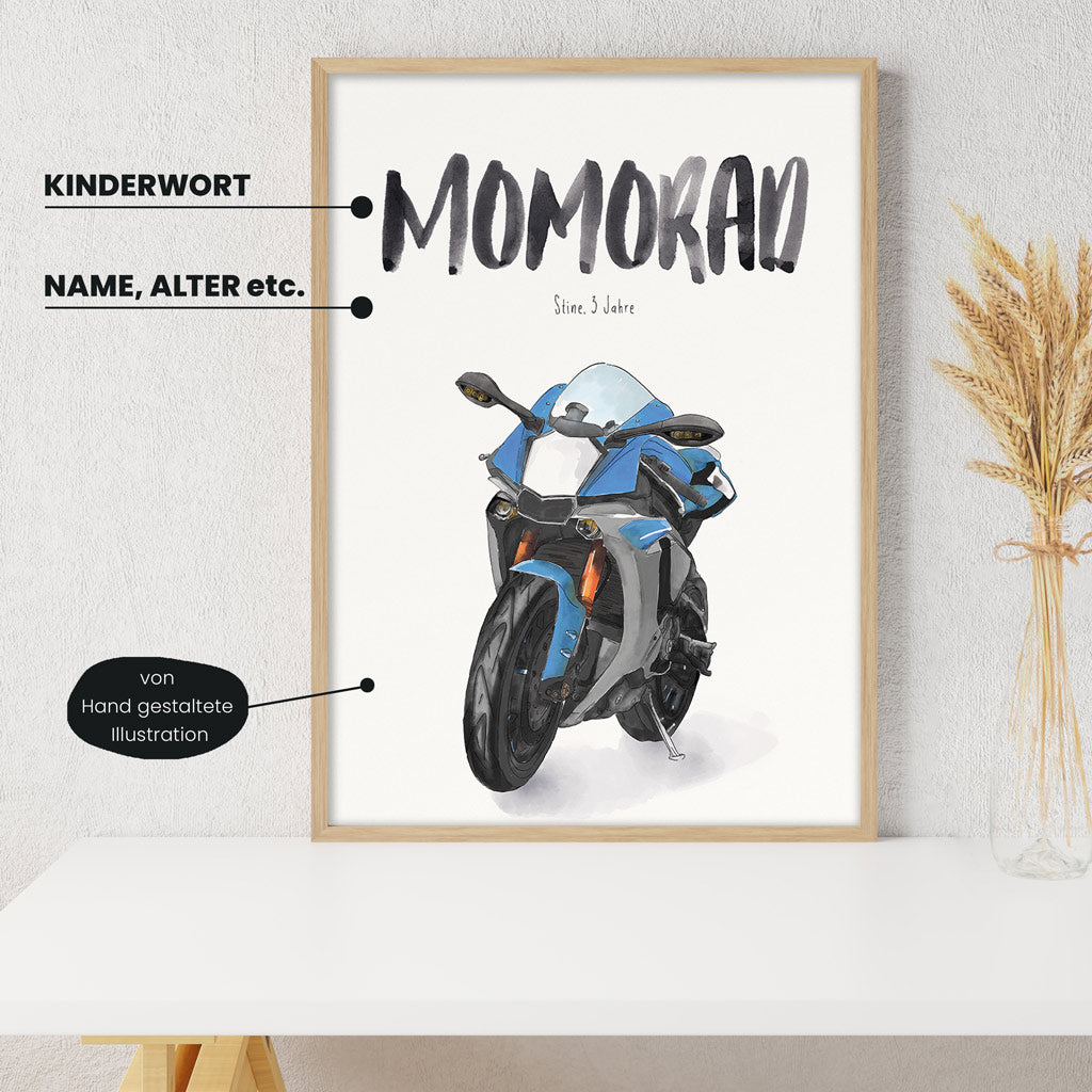 Detailansicht Kindermundposter Motorrad: Erklärungen der personalisierbaren Elemente - einzigartiges Erinnerungsstück für Eltern
