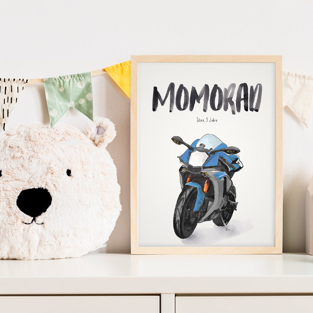 Kindermundposter Motorrad im Kinderzimmer – personalisiertes Poster als Dekoration und Geschenk