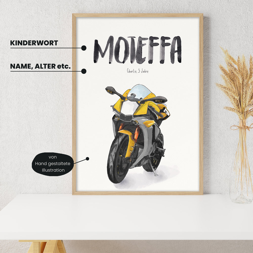 Detailansicht Kindermundposter Motorrad mit Erklärungen der personalisierbaren Elemente - einzigartiges Erinnerungsstück für Eltern