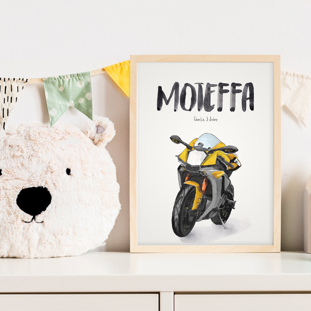 Kindermundposter Motorrad im Kinderzimmer – personalisiertes Poster als Dekoration und Geschenk