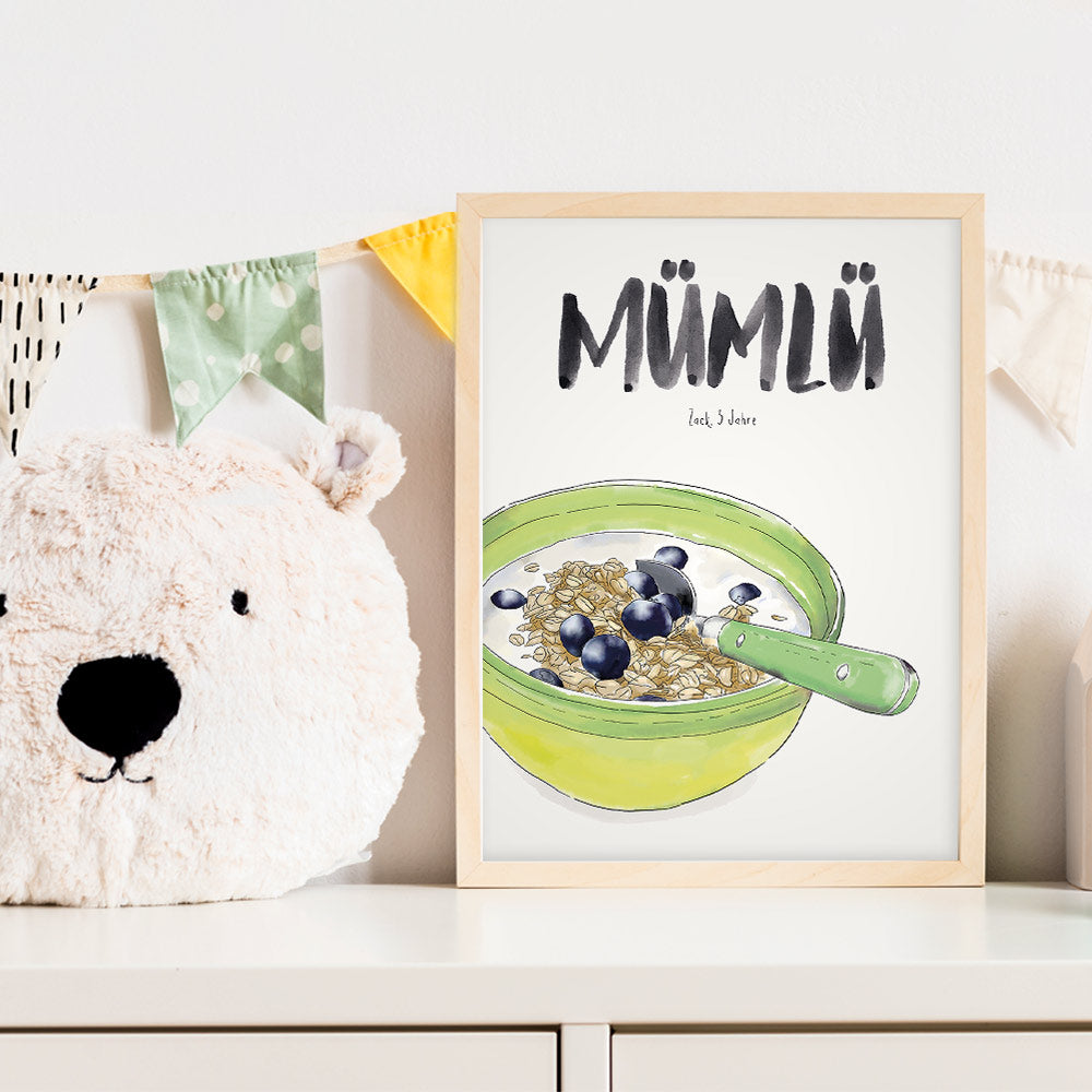 Kindermundposter Müsli im Kinderzimmer – personalisiertes Poster als Dekoration und Geschenk