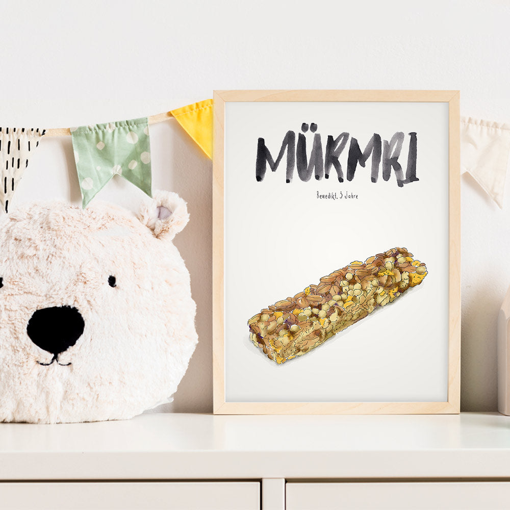 Kindermundposter Müsliriegel im Kinderzimmer – personalisiertes Poster als Dekoration und Geschenk
