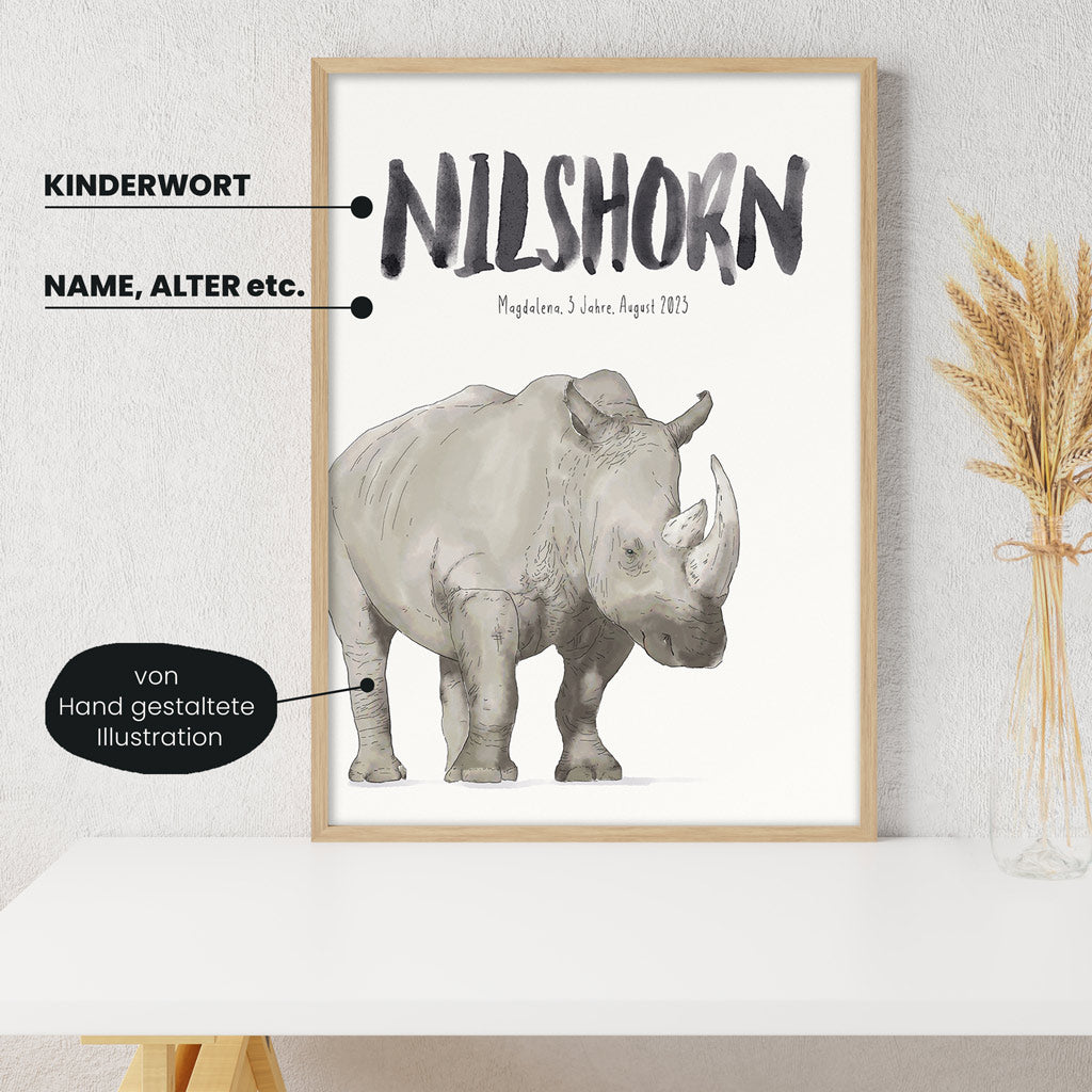 Detailansicht Kindermundposter Nashorn: Erklärungen der personalisierbaren Elemente - einzigartiges Erinnerungsstück für Eltern
