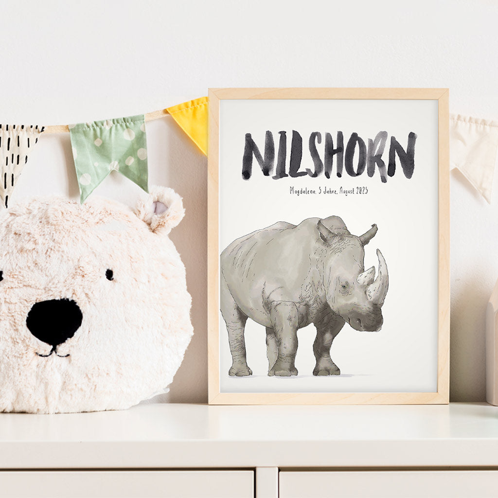 Kindermundposter Nashorn im Kinderzimmer – personalisiertes Poster als Dekoration und Geschenk
