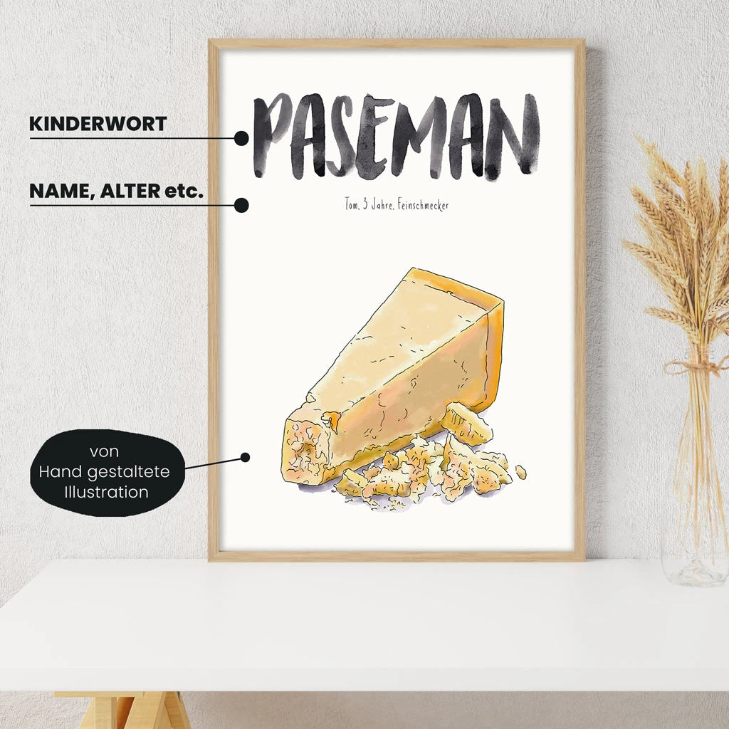 Detailansicht Kindermundposter Parmesan: Erklärungen der personalisierbaren Elemente - einzigartiges Erinnerungsstück für Eltern