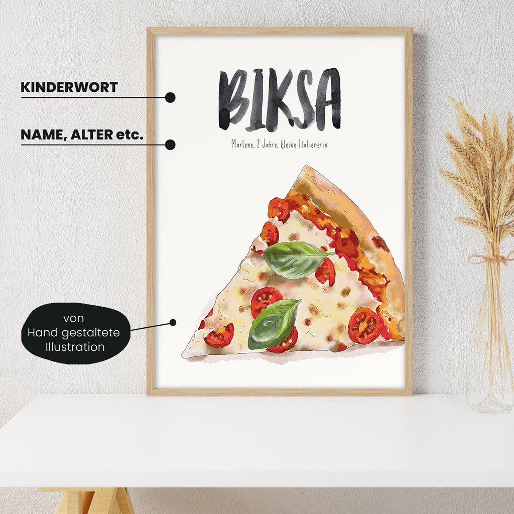 Detailansicht Kindermundposter Pizza: Erklärungen der personalisierbaren Elemente - einzigartiges Erinnerungsstück für Eltern