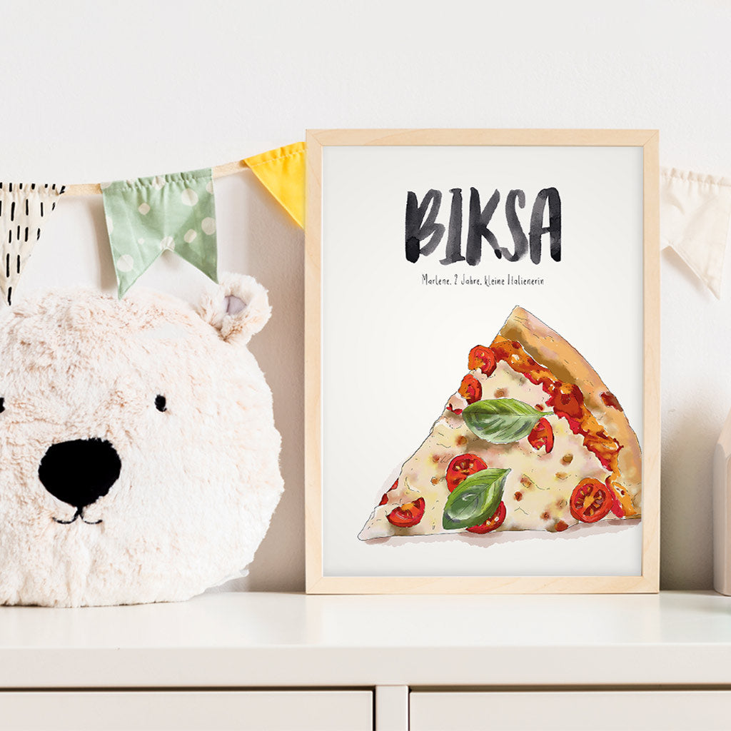 Kindermundposter Pizza im Kinderzimmer – personalisiertes Poster als Dekoration und Geschenk