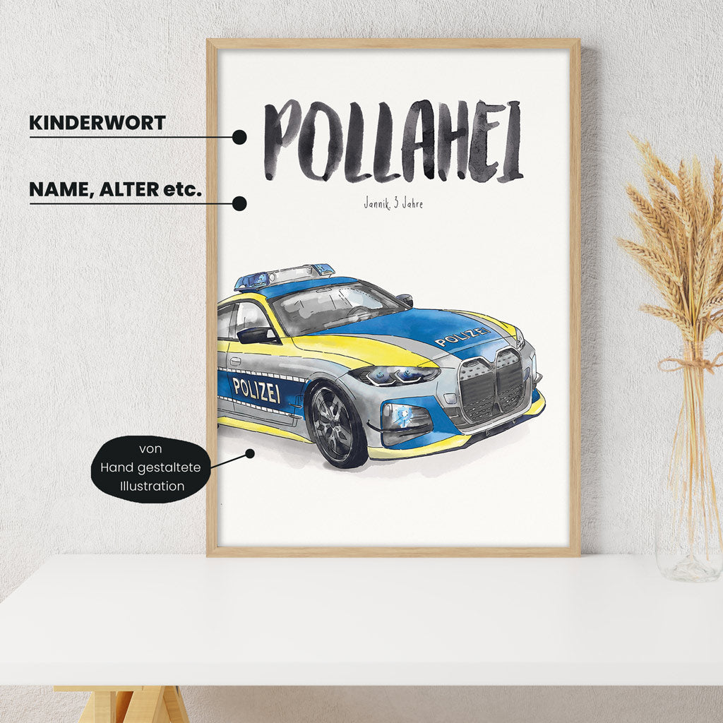 Detailansicht Kindermundposter Polizei mit Erklärungen der personalisierbaren Elemente - einzigartiges Erinnerungsstück für Eltern