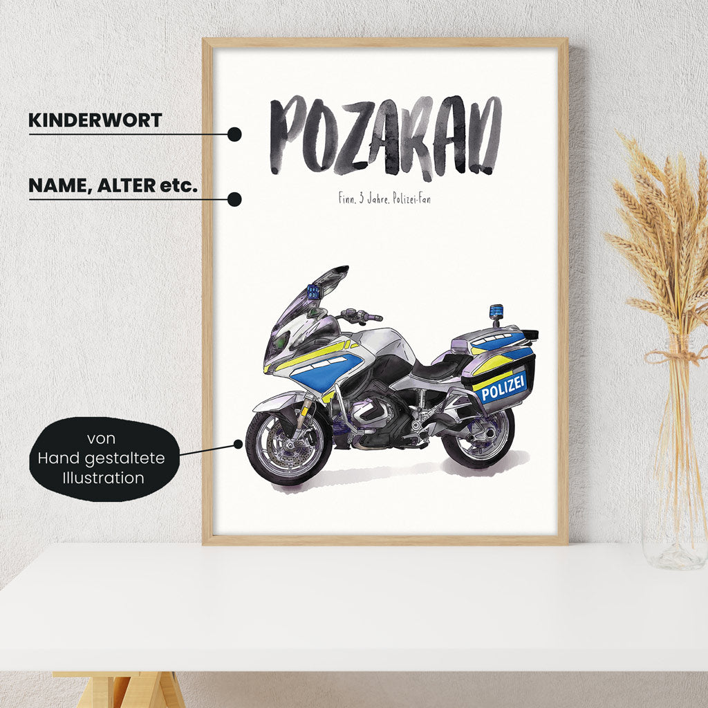 Detailansicht Kindermundposter Polizei-Motorrad: Erklärungen der personalisierbaren Elemente - einzigartiges Erinnerungsstück für Eltern