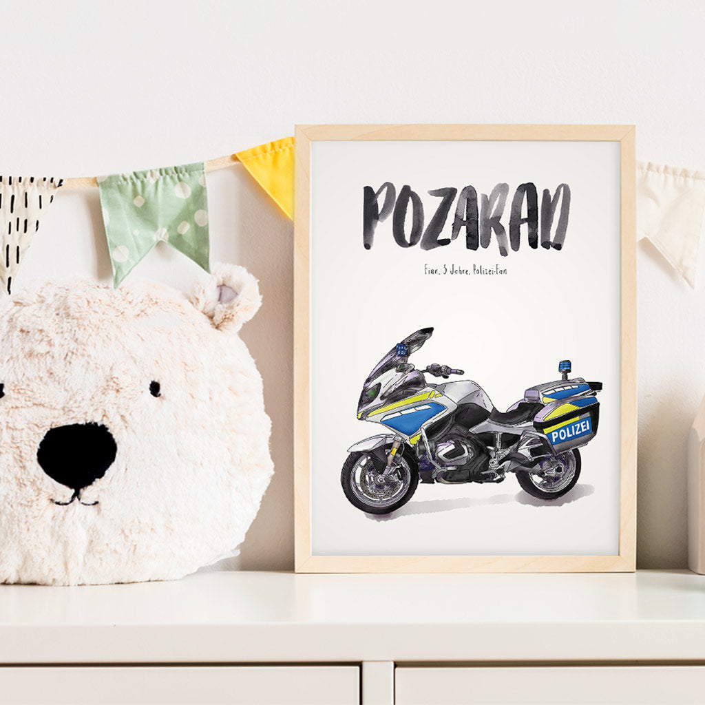 Kindermundposter Polizei-Motorrad im Kinderzimmer – personalisiertes Poster als Dekoration und Geschenk