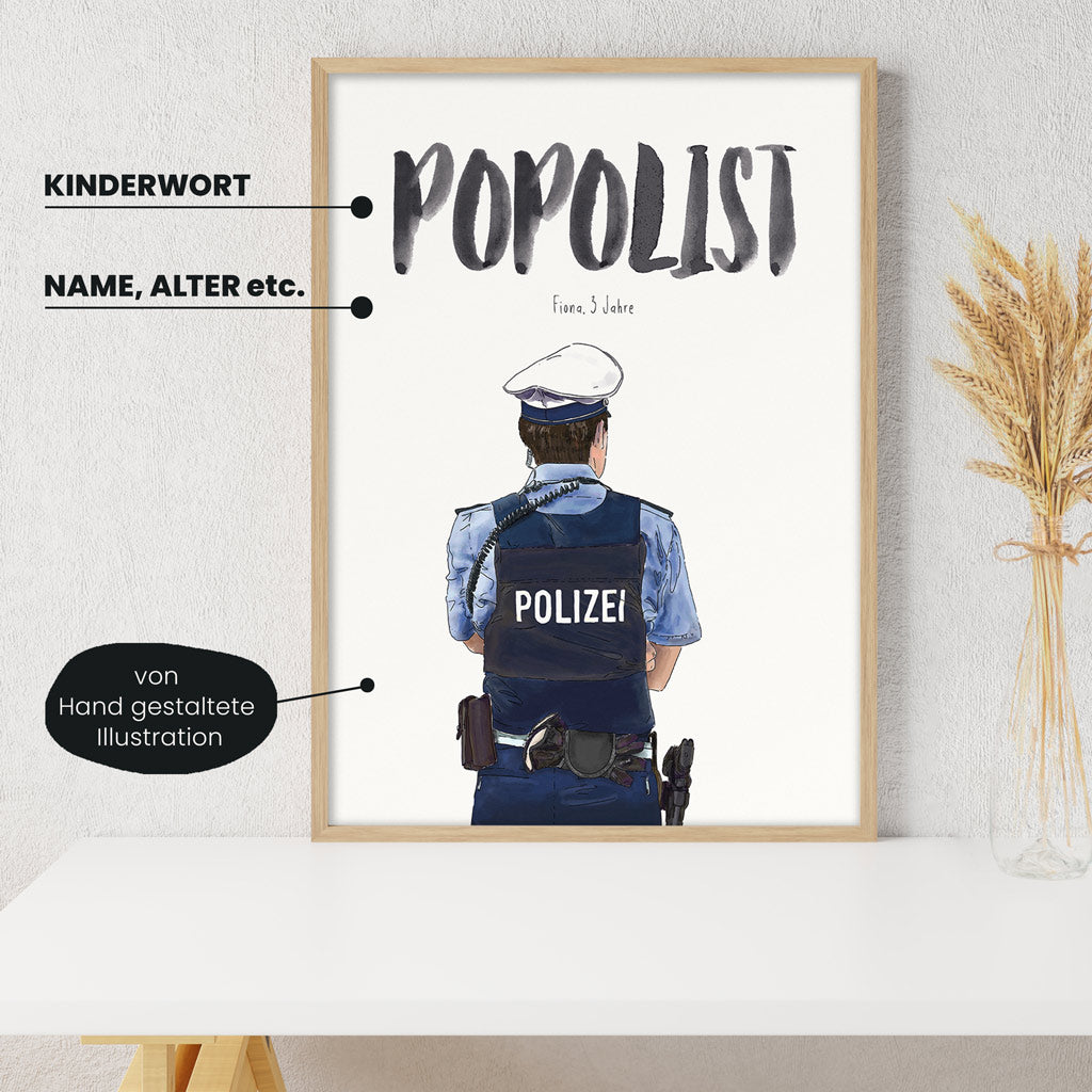 Detailansicht Kindermundposter Polizist: Erklärungen der personalisierbaren Elemente - einzigartiges Erinnerungsstück für Eltern