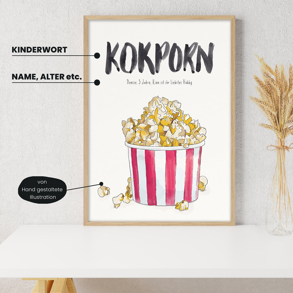 Detailansicht Kindermundposter Popcorn: Erklärungen der personalisierbaren Elemente - einzigartiges Erinnerungsstück für Eltern