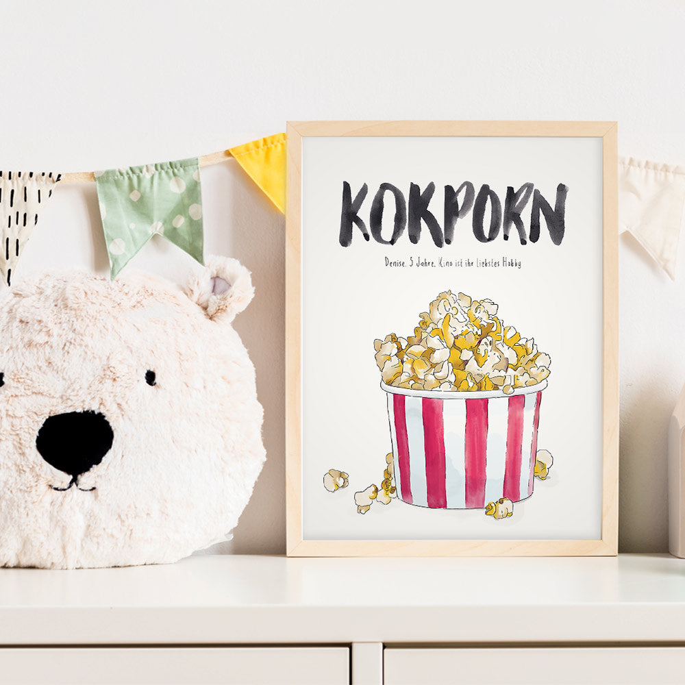 Kindermundposter Popcorn im Kinderzimmer – personalisiertes Poster als Dekoration und Geschenk