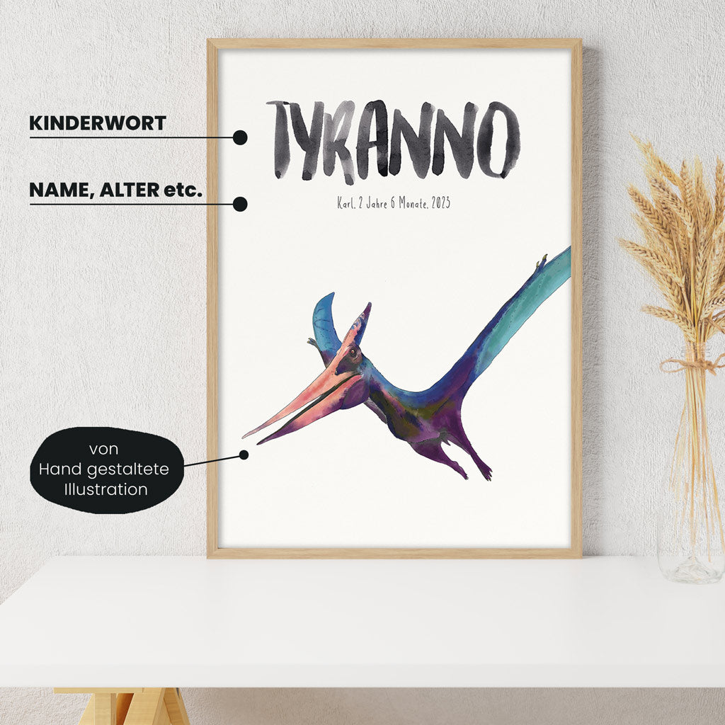 Detailansicht Kindermundposter Pteranodon: Erklärungen der personalisierbaren Elemente - einzigartiges Erinnerungsstück für Eltern