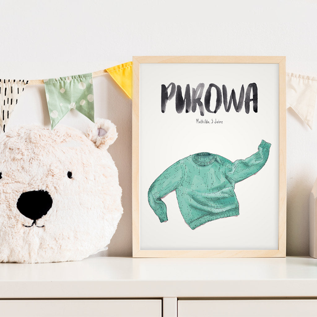 Kindermundposter Pullover im Kinderzimmer – personalisiertes Poster als Dekoration und Geschenk