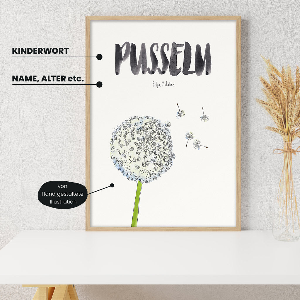 Detailansicht Kindermundposter Pusteblume: Erklärungen der personalisierbaren Elemente - einzigartiges Erinnerungsstück für Eltern