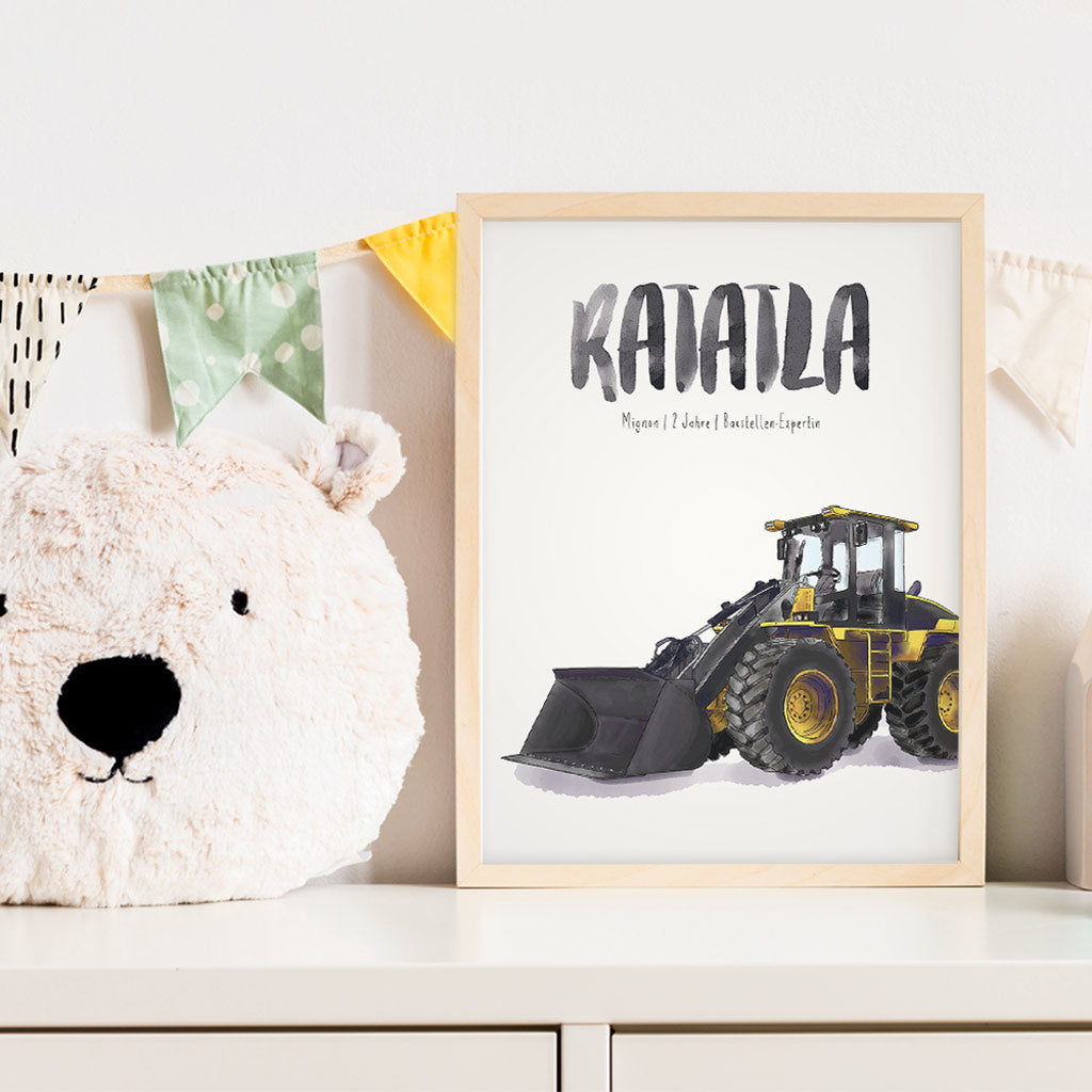 Kindermundposter Radlader im Kinderzimmer – personalisiertes Poster als Dekoration und Geschenk