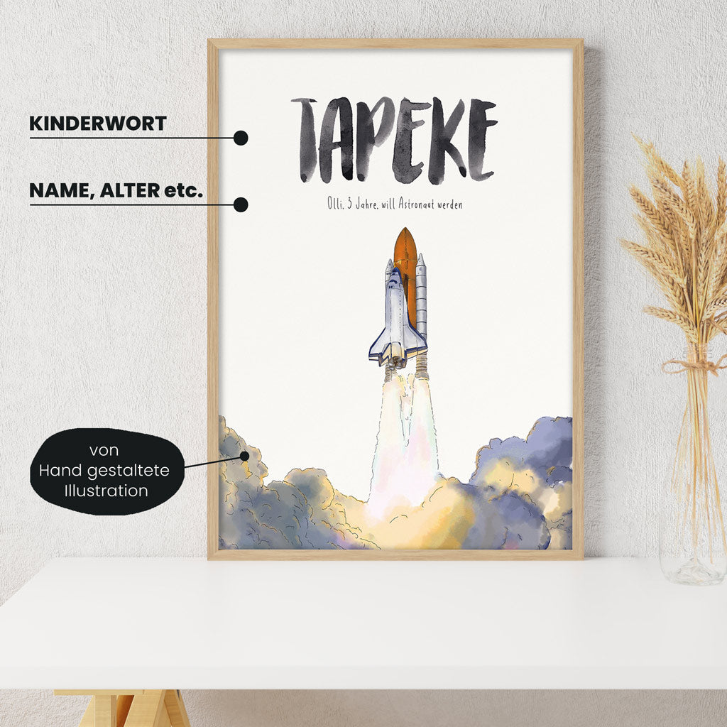 Detailansicht Kindermundposter Rakete: Erklärungen der personalisierbaren Elemente - einzigartiges Erinnerungsstück für Eltern