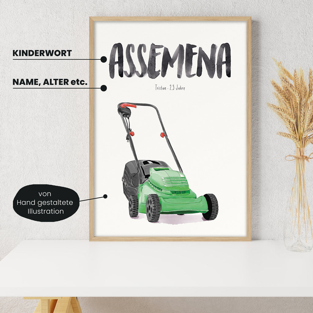 Detailansicht Kindermundposter Rasenmäher: Erklärungen der personalisierbaren Elemente - einzigartiges Erinnerungsstück für Eltern