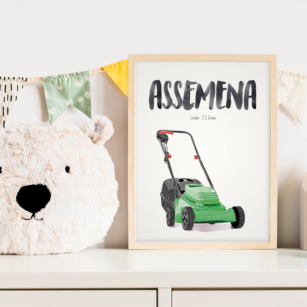 Kindermundposter Rasenmäher im Kinderzimmer – personalisiertes Poster als Dekoration und Geschenk