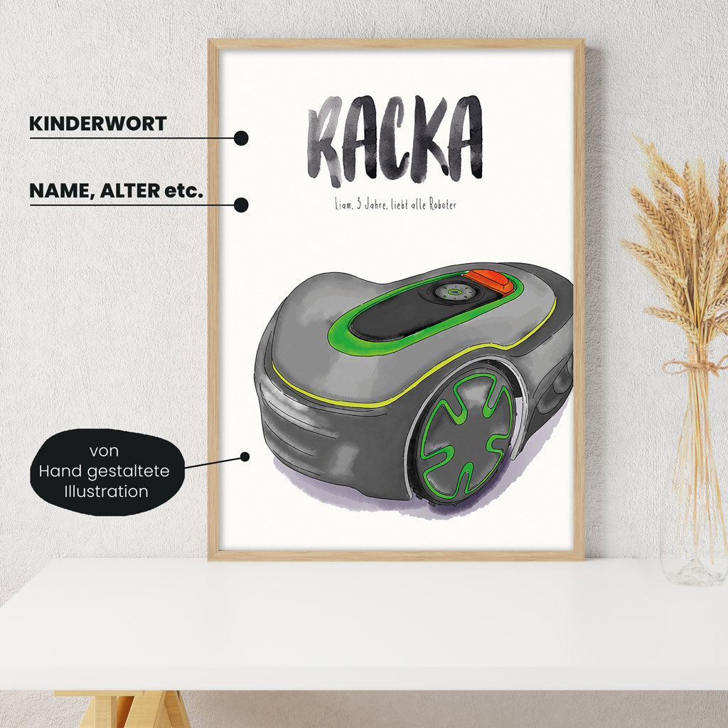 Detailansicht Kindermundposter Rasenmähroboter: Erklärungen der personalisierbaren Elemente - einzigartiges Erinnerungsstück für Eltern