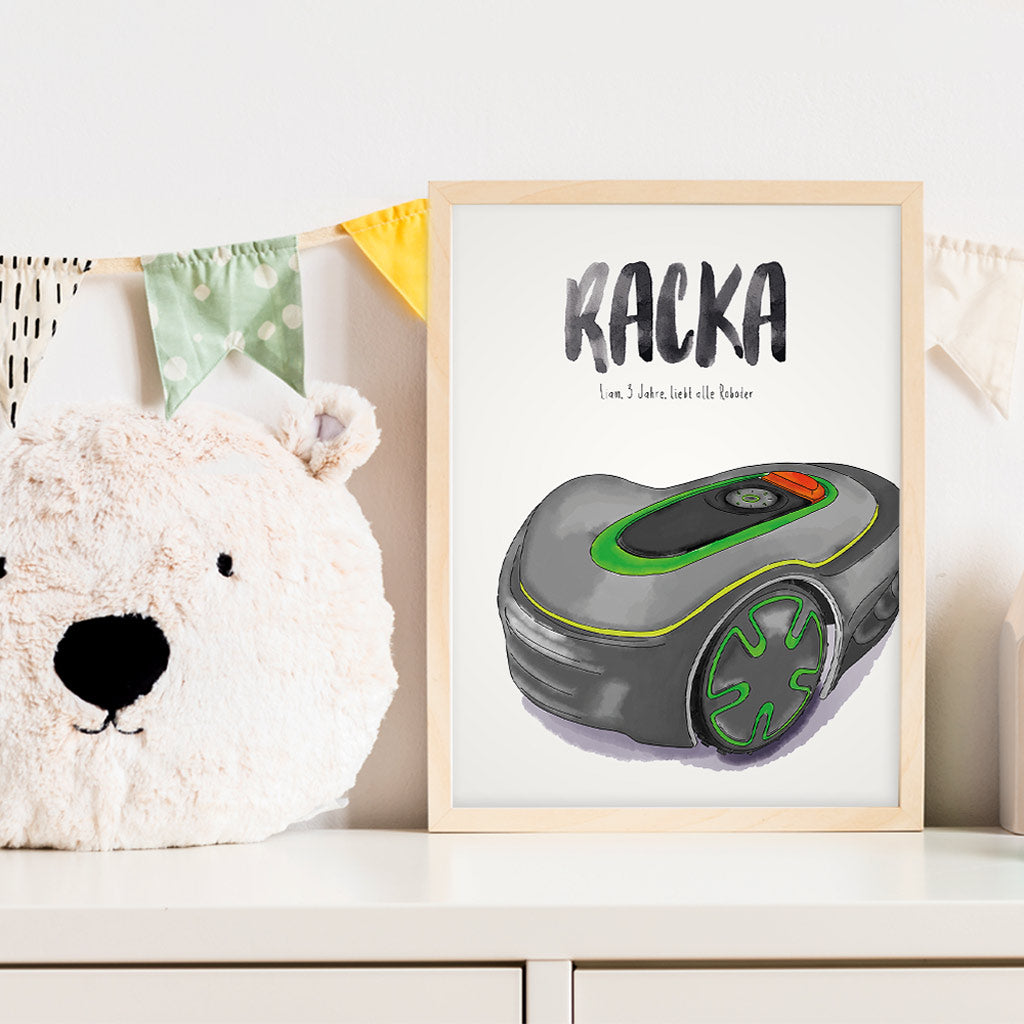 Kindermundposter Rasenmähroboter im Kinderzimmer – personalisiertes Poster als Dekoration und Geschenk