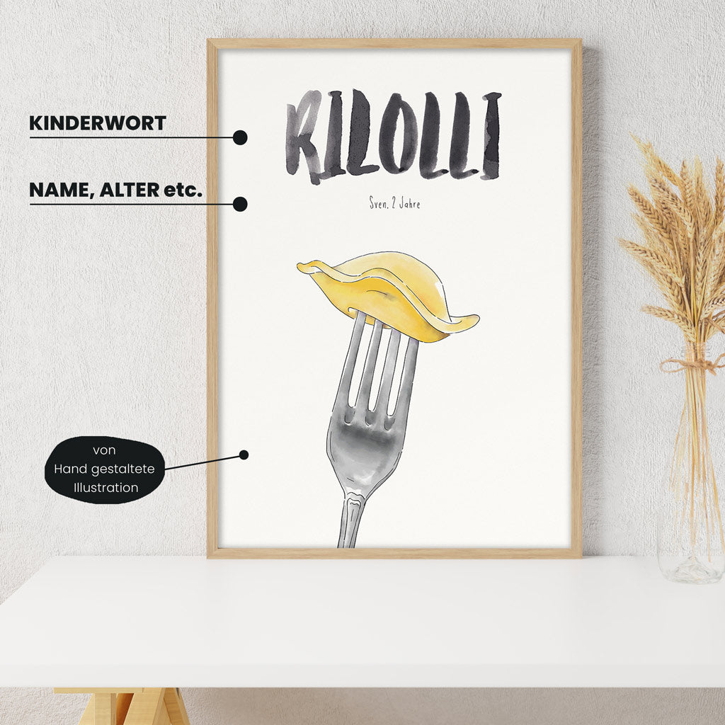 Detailansicht Kindermundposter Ravioli: Erklärungen der personalisierbaren Elemente - einzigartiges Erinnerungsstück für Eltern