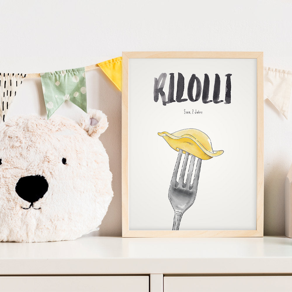 Kindermundposter Ravioli im Kinderzimmer – personalisiertes Poster als Dekoration und Geschenk