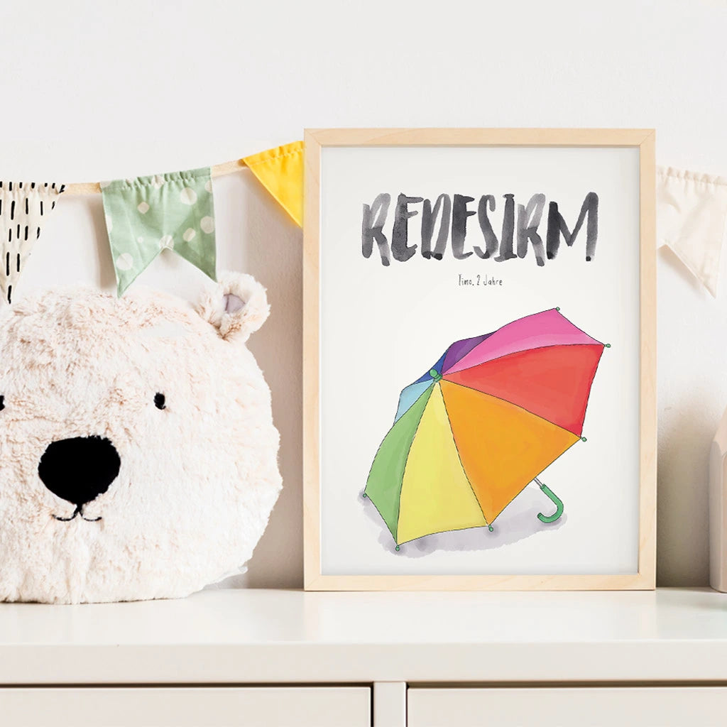 Kindermundposter Regenschirm im Kinderzimmer – personalisiertes Poster als Dekoration und Geschenk