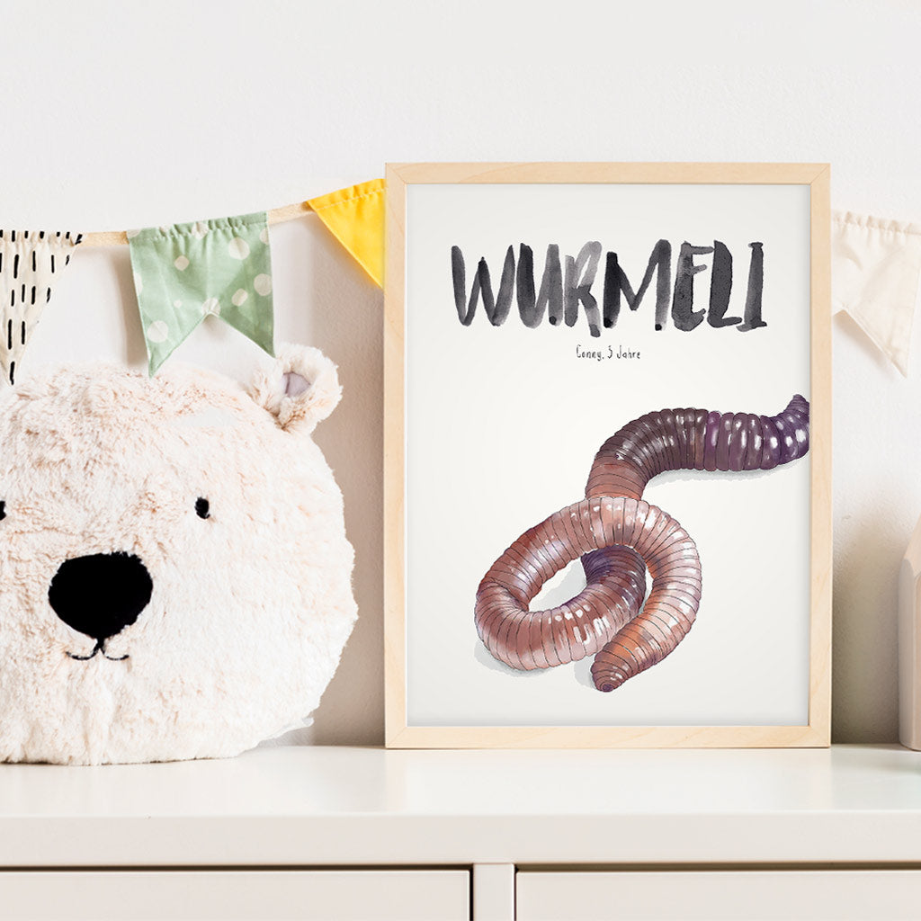 Kindermundposter Regenwurm im Kinderzimmer – personalisiertes Poster als Dekoration und Geschenk