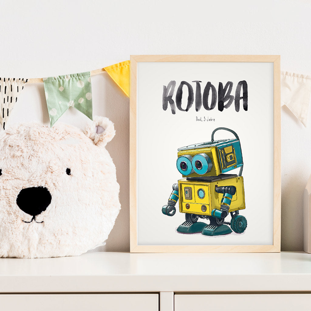 Kindermundposter Roboter im Kinderzimmer – personalisiertes Poster als Dekoration und Geschenk