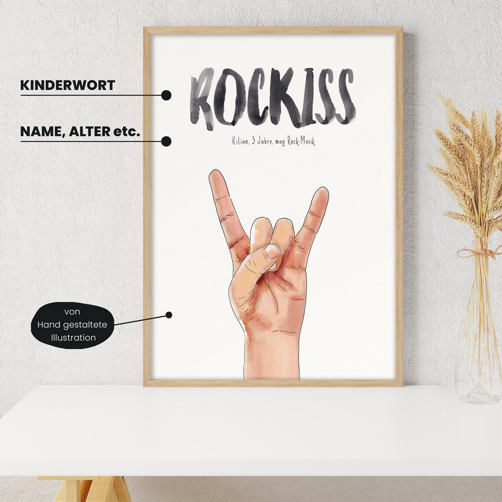 Detailansicht Kindermundposter Rock-Hand: Erklärungen der personalisierbaren Elemente - einzigartiges Erinnerungsstück für Eltern