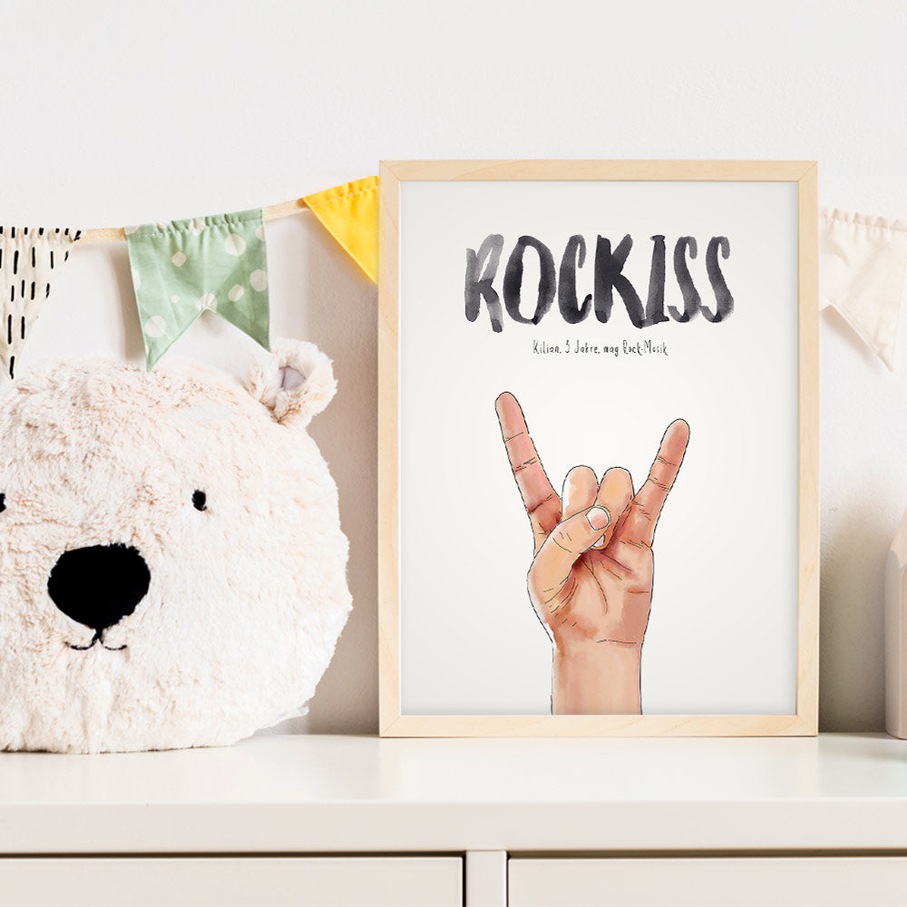 Kindermundposter Rock-Hand im Kinderzimmer – personalisiertes Poster als Dekoration und Geschenk
