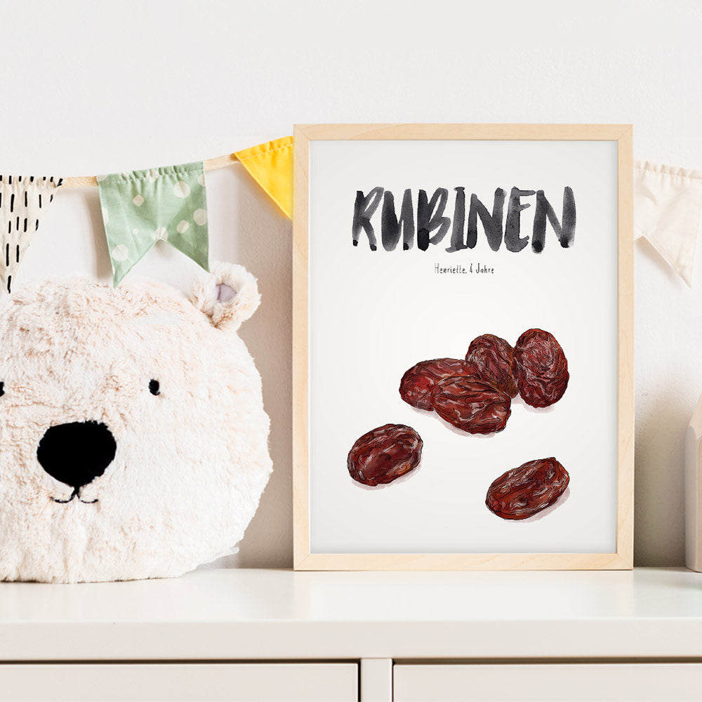 Kindermundposter Rosinen im Kinderzimmer – personalisiertes Poster als Dekoration und Geschenk