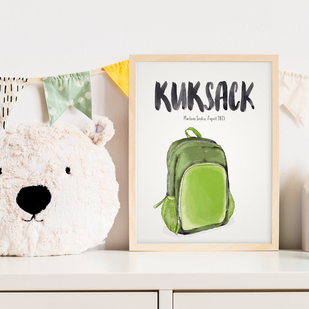 Kindermundposter Rucksack im Kinderzimmer – personalisiertes Poster als Dekoration und Geschenk