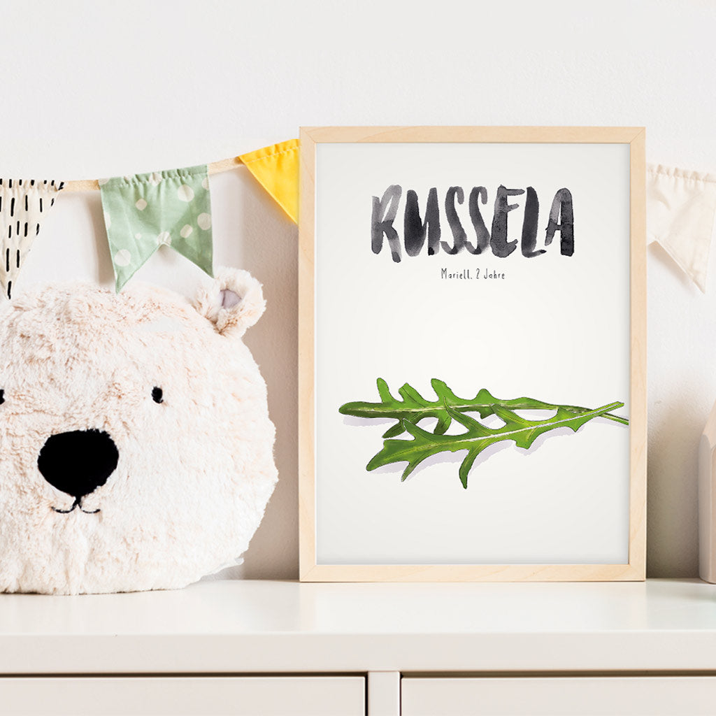 Kindermundposter Rucola im Kinderzimmer – personalisiertes Poster als Dekoration und Geschenk