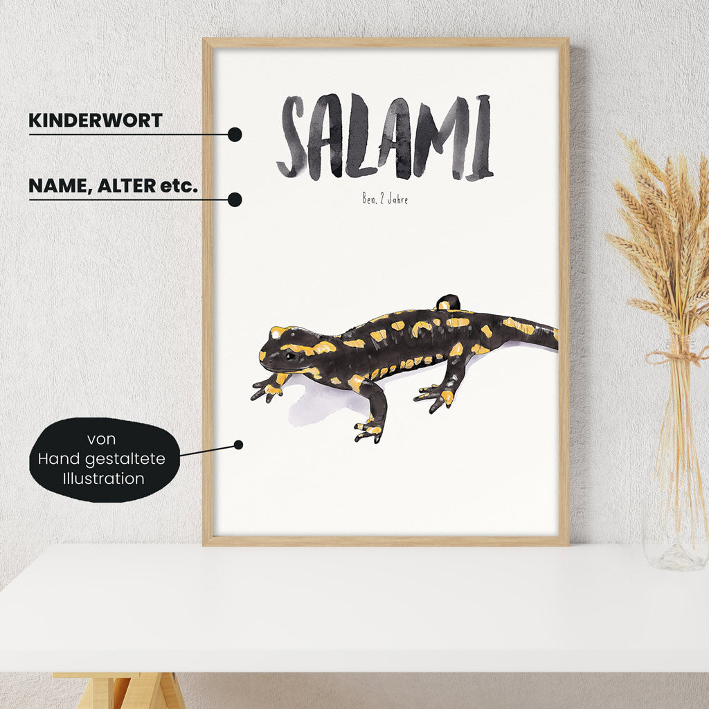 Detailansicht Kindermundposter Salamander - Erklärungen der personalisierbaren Elemente - einzigartiges Erinnerungsstück für Eltern