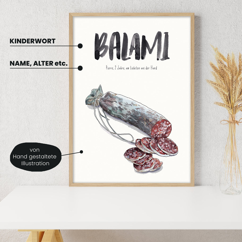 Detailansicht Kindermundposter Salami: Erklärungen der personalisierbaren Elemente - einzigartiges Erinnerungsstück für Eltern