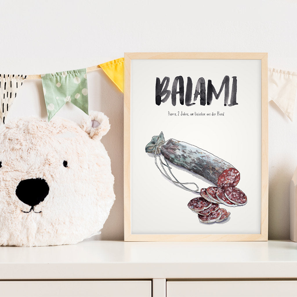 Kindermundposter Salami im Kinderzimmer – personalisiertes Poster als Dekoration und Geschenk